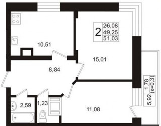 Двухкомнатная квартира 49.25 м²